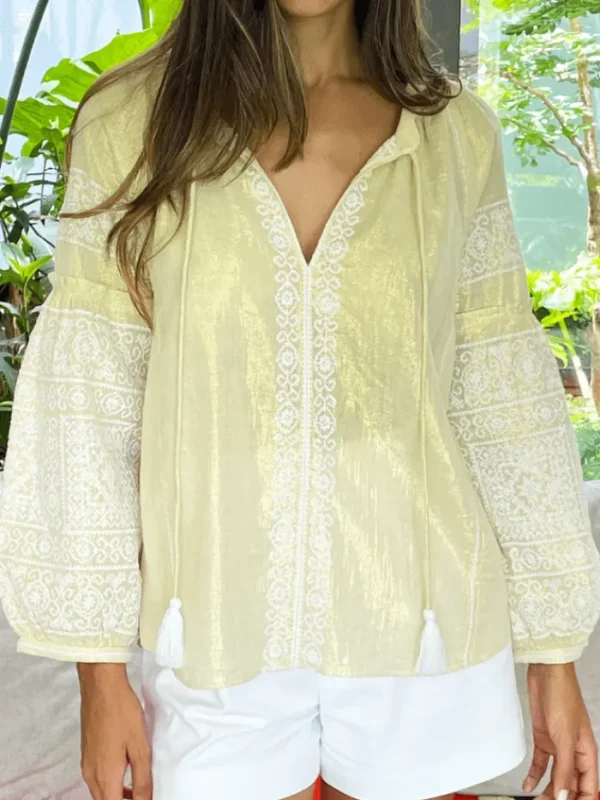 Rose And Rose Tops | Gifts Under £100^CAPRI Gold And White Long Sleeved Embroidered Top