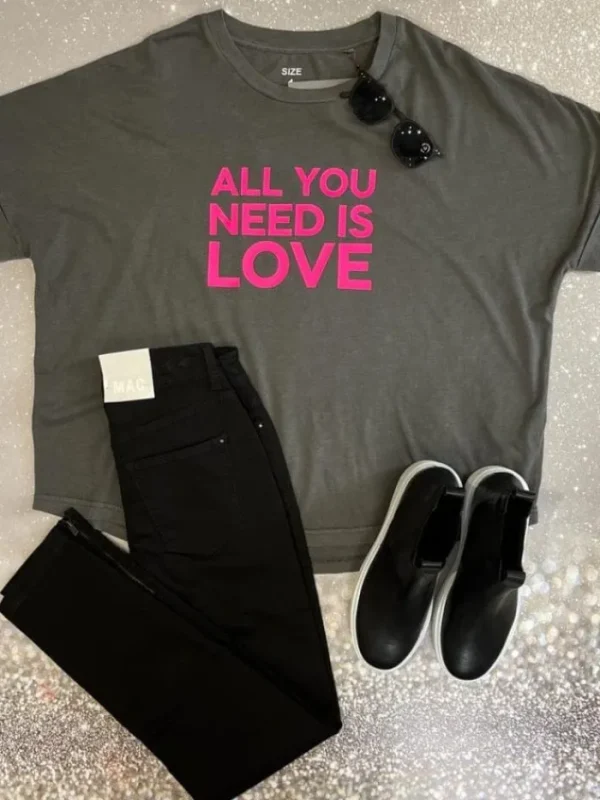 SAY IT WITH SONGS Sweatshirts And T-Shirts | Tops^T 'All You Need Is Love' Grey T-Shirt Neon Pink Prin