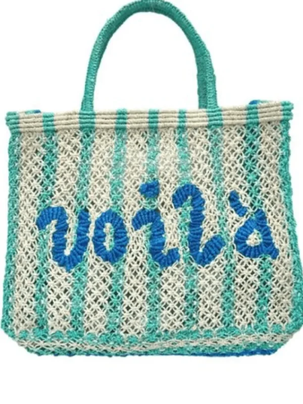 The Jacksons Beachwear | Bucket And Hobo Bags^London VOILA With Aqua Stripes Jute Bag