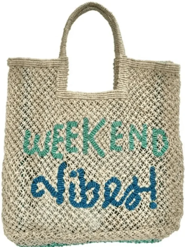 The Jacksons Tote Bags | Beachwear^London WEEKEND VIBES In Natural, Aqua And Cobalt Jute Bag