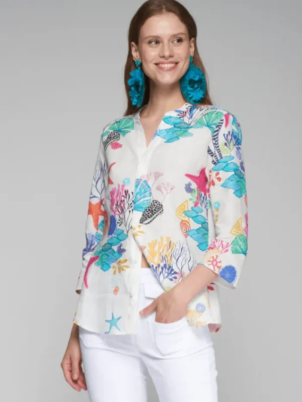 Vilagallo Tops | Gifts Under £250^Women's JULIET Linen Marine Print Blouse 32312